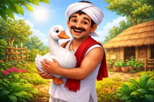 ஒரு கிராமத்துத் தோட்டத்தில் வெள்ளை நிற அதிசய வாத்தை அன்புடன் கையில் ஏந்தியிருக்கும் மகிழ்ச்சியான விவசாயி.