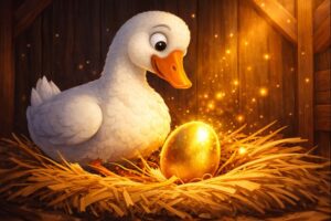 மரத் தொழுவத்தில் வைக்கோல் படுக்கையில் ஒரு பளபளப்பான தங்க முட்டையை இட்டிருக்கும் அதிசய வாத்து.