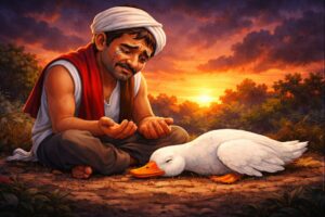 பேராசையினால் வாத்தைக் கொன்றுவிட்டு ஏமாற்றத்துடன் தரையில் அமர்ந்து அழுது கொண்டிருக்கும் விவசாயி.