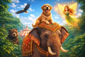 "யானை மீது அமர்ந்து சவாரி செய்யும் நாய், பொறாமையுடன் பார்க்கும் கரடி மற்றும் ஆசிர்வதிக்கும் வனதேவதை - ஒரு தமிழ் நீதிக்கதை விளக்கம்."