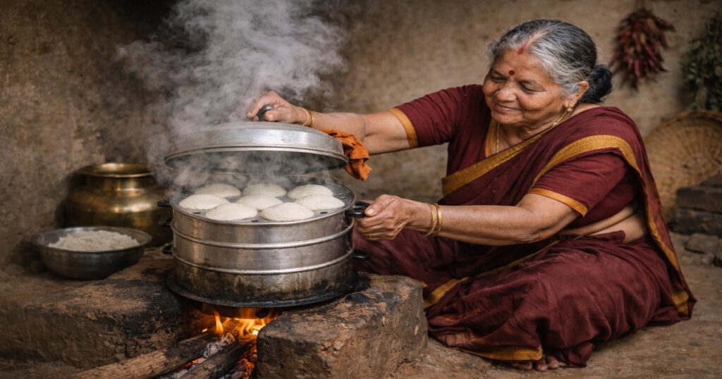 பாரம்பரிய முறையில் விறகு அடுப்பில் அம்மா இட்லி சுடும் கிராமத்து சமையலறை காட்சி