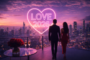 Love 2026 Valentine’s Day romantic couple with city skyline background